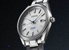 The Seiko Presage SJE073 Automatic is adorned with a snow-like silvery textured dial, complemented with a tempered blue second hand, and is protected by a sapphire crystal. Like winter on the wrist. Ref. SJE073 Interesting Watches, Sapphire Crystal, Jaeger Watch, Stainless Steel Case, Limited Editions