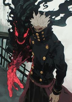 an anime character standing next to a demon