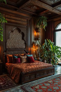 a large bed sitting in the middle of a room with lots of plants on top of it