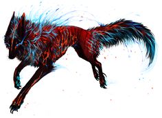 a drawing of a black wolf with blue and red streaks on it's fur