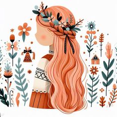 an illustration of a girl with long red hair and flowers in her hair, surrounded by birds