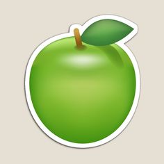 an apple sticker with a green leaf on it