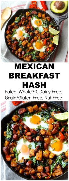 mexican breakfast hash with eggs and spinach in a cast iron skillet on a table