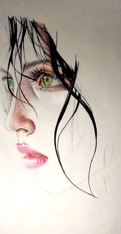 a drawing of a woman's face with green eyes