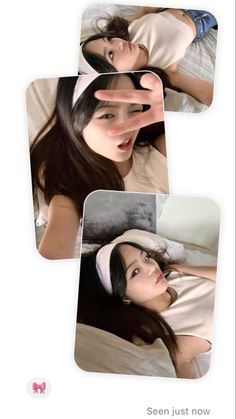 three pictures of a woman laying in bed with her hand up to her face and the other