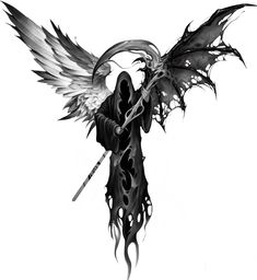 Grim Reaper Back Tattoos For Guys, Fallen Angel Chest Tattoo, The Fallen Angel Drawing, Grim Reaper Tattoo Stencil, Grimm Reaper Tattoo, Gothic Angel Tattoo, Dark Angel Tattoo, Grim Reaper Drawing