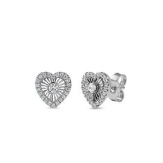 Treat yourself or your loved ones to the sparkle of this stunning diamond heart stud earrings. Crafted in sterling silver, each stud showcases a sparkling round cut diamond prong set at the center of a heart shape frame, artfully set with a miracle plate to enhance the look and sparkle. Round diamond line along the edges of the heart shape frame completing this beautiful look. These earrings are secured by post with friction back. Dazzling with 1/5 ct.t.w. of diamonds and a brilliant buffed lust Elegant Sterling Silver Heart Earrings With Vvs Clarity, Diamond Cut Earrings For Valentine's Day, Diamond White Round Cut Earrings For Valentine's Day, Heart-shaped Brilliant Cut Diamond Earrings, Diamond Cut Diamond Earrings For Valentine's Day, Classic Sterling Silver Heart Earrings With Brilliant Cut, Heart-shaped Diamond Earrings With Vvs Clarity, Heart Shaped Brilliant Cut Diamond Earrings, Fine Jewelry Sterling Silver Heart Earrings Brilliant Cut