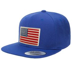 - Structured firm front panel cap with American Flag embroidered patch heat pressed on front. - Choose from 3 Colors of Cap, upto 5 colors of patch. - Patch will be heat pressed on choice of your cap. Detail of Cap Original Flexfit Brand Snapback 80% Acrylic and 20% Wool One Size Fits Most. Flat Bill Green Underbill High Profile Embroidered Snapback Hat With Flat Bill, Snapback Hats With Patches For Streetwear, Streetwear Snapback Hat With Patches, Blue Snapback Hat With Embroidered Patch, Casual Snapback Fitted Hat With Embroidered Patch, Flat Brim Cotton Hat With Letter Patch, Cotton Flat Brim Hat With Letter Patch, Casual Baseball Cap With Embroidered Patch And Flat Bill, Blue Snapback Baseball Cap With Embroidered Patch