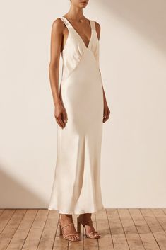 La Lune Plunged Midi Dress | Cream | Dresses | Shona Joy – Shona Joy International Chic V-neck Modal Satin Maxi Dress, Cream Silk V-neck Maxi Dress, V-neck Modal Satin Dress For Date Night, Spring Wedding Dress In Modal Satin, Sleek V-neck Maxi Dress For Wedding, Spring Wedding Modal Satin Dress, Cream Satin Bias Cut Dress, Sleek Formal Dress With Subtle Sheen, Chic Modal Satin Dresses For Wedding Night