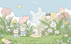 some cartoon characters are sitting in the grass with flowers and clouds behind them on a sunny day