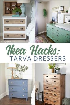 dressers are painted in different colors and sizes with text overlay that reads ikea hacks tarava dressers