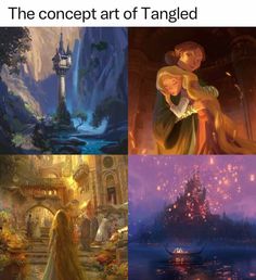 the concept art of tangled is shown in three different pictures, each with an image of a