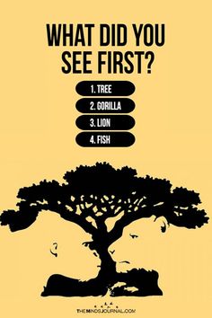 a poster with the words, what did you see first? and two gorillas under a tree