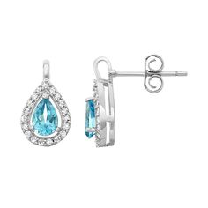 Adorned with genuine blue and white topaz gemstones in a halo motif, these teardrop stud earrings offer sophisticated style. Comes in a gift box. EARRING DETAILS Length: .75 in. Backings: post Metal: rhodium-plated sterling silver STONE DETAILS Stone type: genuine blue & white topaz Total weight: 1 5/8 ct. Shape: pear, round Setting: prong, pave  Size: One Size. Gender: female. Age Group: adult. Blue Teardrop Diamond Earrings As Gift, Blue Teardrop Diamond Earrings For Gift, Blue Pear-shaped Diamond Earrings For Gift, Blue Teardrop Diamond Earrings For Anniversary, Teardrop Earrings With Halo Setting For Gift, Teardrop Earrings With Halo Setting As Gift, Hourglass Fashion, Halo Stud Earrings, Post Metal