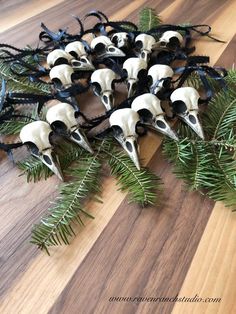 a bunch of fake skulls sitting on top of a wooden table next to pine needles