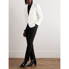 A white blazer is ideal to wear with the colourful shirts you've reserved for sunnier months. SAINT LAURENT's version has been tailored in Italy from wool-gabardine that's both comfortable and breathable. It's designed with sharp peak lapels and lightly padded shoulders to create the illusion of broader proportions. Small to size. See Size & Fit notes. Designer White Blazer For Semi-formal Occasions, Designer White Blazer With Lapel Collar, Designer White Suit For Work, Designer White Single Breasted Suit, Designer White Single-breasted Suit, Designer White Blazer With Suit Collar, Designer White Suits With Suit Collar, Modern White Single Button Blazer, Modern White Blazer