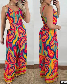 Fisdy - Abstract Print Wide Leg Jumpsuit with Multi-Color Design Abstract Decoration, Jumpsuit Chic, Color Abstract, Chic Type, Elegant Dresses For Women, Style Chic, Wide Leg Jumpsuit, Sheer Lace, Olivia Mark