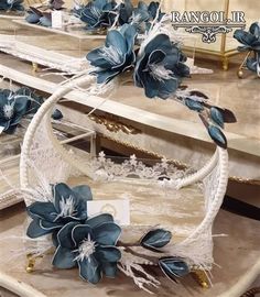 blue flowers are on display in a store