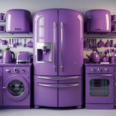 a purple kitchen with pots, pans and utensils