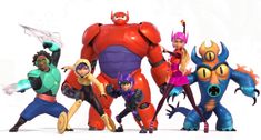 the animated characters are posing together for a group photo in front of a white background