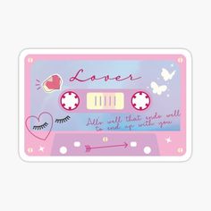 a pink cassette sticker with the words love written on it and an arrow in the middle