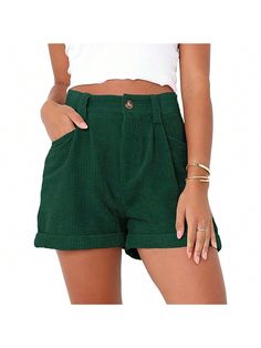 BZB Womens Summer Shorts Mid-Waist Cuffed Hem Corduroy Shorts With Pockets Green Casual    Plain Straight Leg   Women Clothing, size features are:Bust: ,Length: ,Sleeve Length: Trendy High Waist Corduroy Shorts, Trendy High-waisted Corduroy Shorts, Green Corduroy Bottoms For Summer, Summer Green Corduroy Bottoms, Green Corduroy Summer Bottoms, Trendy Corduroy Shorts, Spring High-waisted Corduroy Shorts, Casual High-waisted Corduroy Shorts, Casual Corduroy High-waisted Shorts