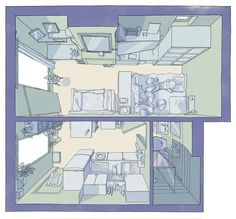 Plan perspectif habité en couleurs, dessiné à la main Architecture, Croquis