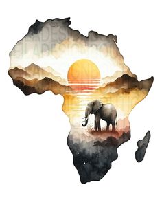 an elephant is standing in the middle of africa, with mountains and sunset behind it