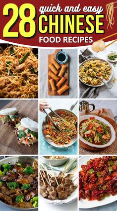 the cover of 28 quick and easy chinese food recipes, with pictures of various dishes