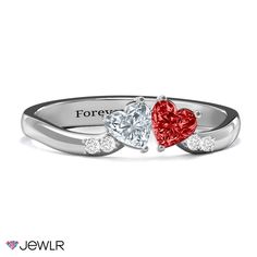 two hearts ring with forever written on the side and diamonds in each other's hands