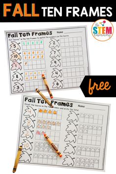 two fall ten frames are shown with crayons