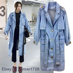 Korean Womens Loose Belt Jean Jackets Long Sleeve Denim Long Coat Trench Coat   Description: Color: Blue Size:S-XL Materials : Denim      We are very honest seller from China,All the items are in stock and ship from China.we check each item carefully befor package it,we assure every buyer will be 100% happy with us,please enjoy your time for shopping from us! Shipping We ship items by China post registered airmail,the handing time is 1-2 working days.all the packages have a tracking number. Plea Trench Denim Jacket Outfit, Long Jean Coat Outfit, Long Jeans Jacket Outfit, Long Denim Jacket Outfit Winter, Long Denim Jacket Outfit, Spring Denim Jacket, Denim Jacket And Jeans, Edgy Glam, Long Denim Jacket