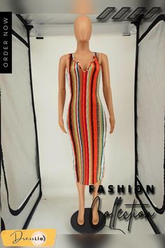 Summer Clothing Color Stripe Print Sleeveless V Neck Sexy Skinny Club Party Women Long Dress Casual Multicolor Bodycon Dress For Party, Multicolor Casual Bodycon Dress For Party, Casual Multicolor Bodycon Party Dress, Multicolor Midi Bodycon Dress For Party, Multicolor Midi Bodycon Party Dress, V-neck Sleeveless Dress For Club In Spring, Spring V-neck Sleeveless Dress For Club, V-neck Sleeveless Dress For Club And Spring, Summer Party Multicolor Bodycon Dress