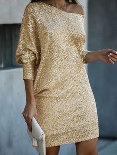 A-Line Loose Asymmetric Sequined Solid Color One-Shoulder Mini Dresses Robes Glamour, Simplicity Fashion, Loose Mini Dress, Minimalist Dress, Mid Skirt, 파티 드레스, Dress Christmas, Sanya, Sparkle Dress