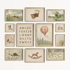 an assortment of framed pictures with animals and hot air balloons