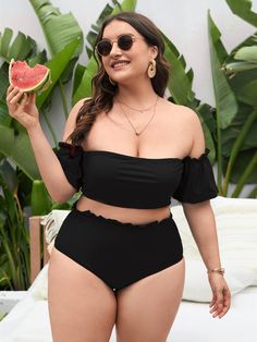 Black Elegant Collar   Plain  Embellished High Stretch  Plus Size Beachwear Black Swimsuit Outfit, Bathing Suit Outfits, Outfit Trends, High Waist Bottoms, Black Swimsuit, Swimwear Fashion