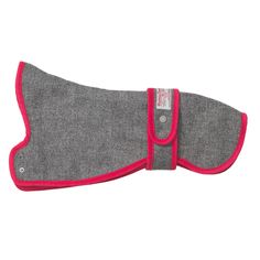 a gray and red dog coat with pink linings on the collar, in front of a white background