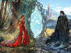 two people standing in front of a castle with trees and flowers on the ground next to each other