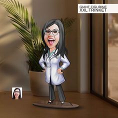 a caricature of a woman with glasses and a lab coat is shown in front of a potted plant