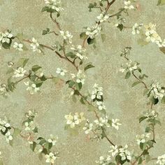 a wallpaper with white flowers and green leaves