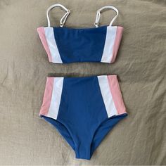 Nwot Matching Bikini Set From L*Space Size Xs / S Color: Blue, Pink, White Blue Sporty Tankini For Beach Season, Sporty Blue Tankini For Beach Season, Sporty Blue Swimwear For Beach Season, Blue Sporty Tankini For Summer, Sporty Blue Tankini For Vacation, Fitted Blue Color Block Tankini, Sporty Blue Triangle Top Tankini, White Color Block Swimwear For Summer, Summer Blue Color Block Swimwear