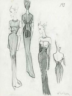 three sketches of women in evening gowns, one with an open back and the other with