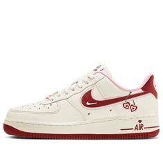 In celebration of Cupid's season, Nike reveals its all-new Air Force 1 “Valentine’s Day. The Nike Wmns Air Force Valentine's heart shaped cherries hanging over the Swoosh and heart cutouts fitted on the heel tabs. The Swoosh logo is featured in deep red with pink outline embroidery. Additional heart motifs dot the "Air" lettering on the midsoles. FD4616-161 (AF1/SNKR/Skate/Low Top/Women's/Non-Slip/Wear-resistant) New Air Force 1, Cute Converse Shoes, Outline Embroidery, The Night Is Young, Cute Converse, Nike Air Force 1 Low, Swoosh Logo, Air Force 1 Low, Valentine Heart