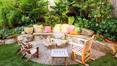 an outdoor seating area with chairs and fire pit