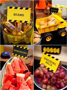 the construction themed birthday party is displayed on an instagramtion board with pictures of trucks, watermelon and grapes