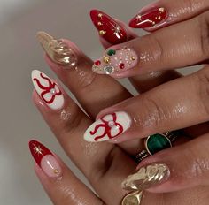 #nailsofinstagram #nails #nailart #trendy #explore Christmas Aesthetic Nails Ideas, Christmas Nails Red Almond, Christmas Almond Nails Designs, Bow Holiday Nails, Christmas Ribbon Nails, Long Christmas Nail Designs, Nail Inspo Almond Christmas, Christmas Nails Elegant Holidays, Bow Nails Christmas