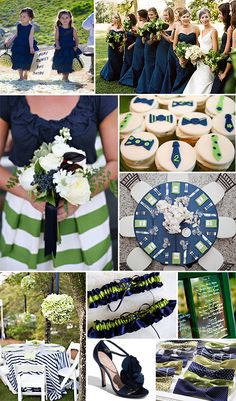 a collage of different pictures with blue and green wedding colors, including bridesmaid's dress