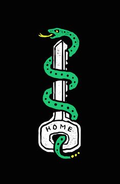 a green snake with the word home on it's side, in front of a black background