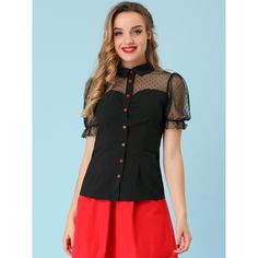 This feminine blouse with a mesh panel design lends to a stylish sense. It features a ruffle cuff and points collar for a casual look. Simple, retro and so chic, this top makes the perfect complement to your everyday style. Perfectly paired with jeans, shorts, and skirts for any occasion. It is suitable for Casual, Party, Club, Beach, Daily Wear, Vacation, Picnic, Weekend Gathering, etc. Retro Collared Party Tops, Black Fitted Top With Peter Pan Collar, Retro Black Tops For Work, Vintage Black Office Tops, Vintage Black Office Top, Vintage Party Top With Button Closure, Fitted Retro Blouse With Peter Pan Collar, Retro Fitted Blouse With Peter Pan Collar, Vintage Black Top With Lace Collar