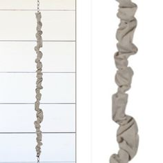 two pictures of different types of objects hanging from hooks on the wall, one is made out of clay and the other has an iron chain attached to it